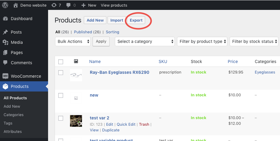 Click the "Export" button at the top of the Products page