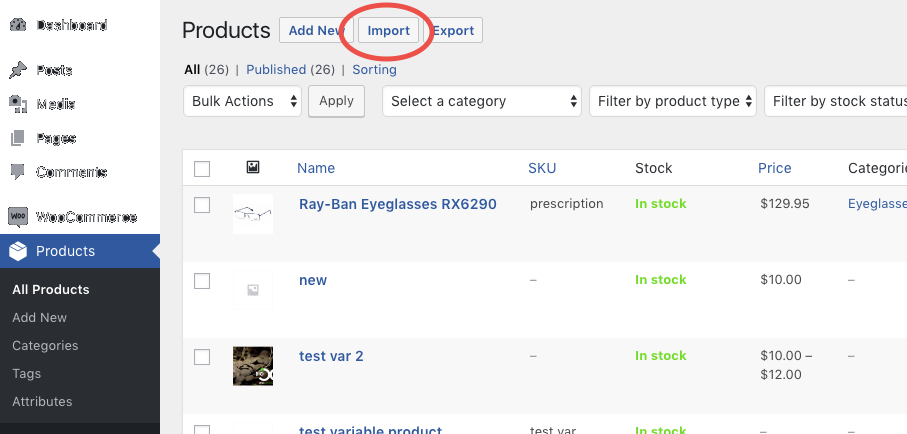 Click the "Import" button at the top of the page