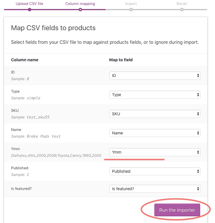 Map your "ymm" CSV column to the YMM field and click the "Run the importer" button