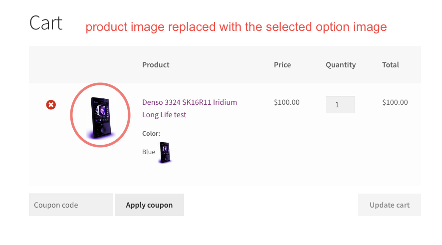 Product image replaced with the selected option image on the shopping cart